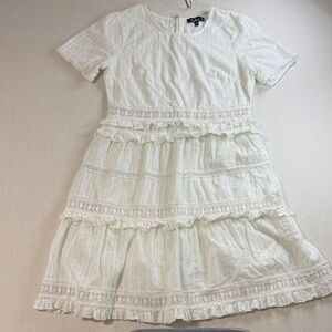 Lulu's White Lace-Trim Tiered Ruffle Asymmetrical Dress